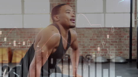 Animation-of-financial-data-processing-over-african-american-man-with-weights-exercising-in-gym