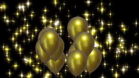Animation-of-gold-balloons-with-light-spots-on-black-background