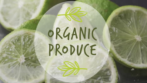 Animation-of-organic-produce-text-over-slices-of-lime-falling-in-water-background