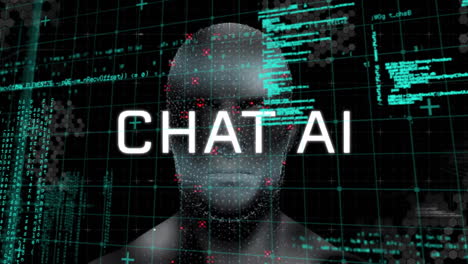 Animation-of-chat-ai-text,-computer-language-and-human-representation-over-black-background