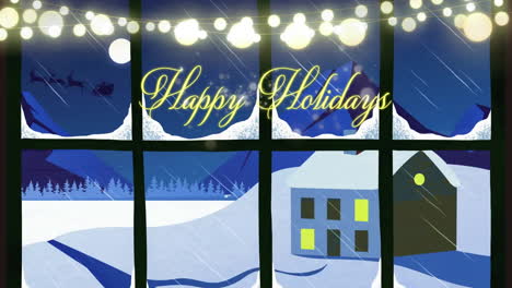 Animation-of-happy-holidays-text-over-christmas-decorations-and-santa-claus-in-sleigh-with-window