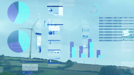 Animation-of-financial-data-processing-over-wind-turbine-on-field