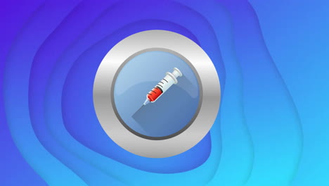 Animation-of-syringe-in-blue-circle-in-silver-frame-spinning-on-blue-background
