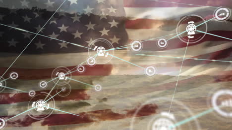 Animation-of-network-of-data-and-communication-icons-over-flag-of-america-and-cloudy-sky