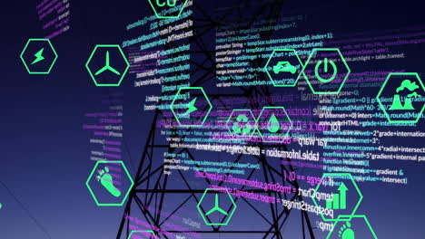 Animation-of-ecology-icons-and-data-processing-over-electric-pylon