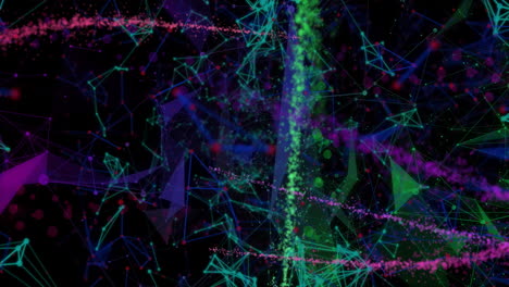 Animation-of-colourful-light-trails-and-network-of-connections-on-black-background