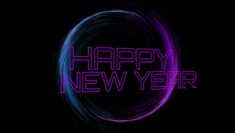 Animation-of-happy-new-year-neon-text-over-glowing-light-trail-on-black-background