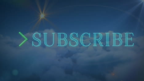 Animation-of-arrows-and-subscribe-text-with-lens-flares-flying-against-aerial-view-of-dense-clouds