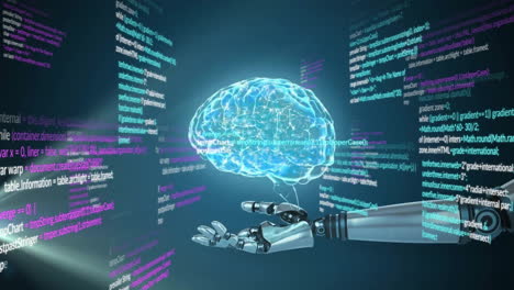 Animation-of-human-brain,-robot's-arm-and-data-processing-over-dark-background