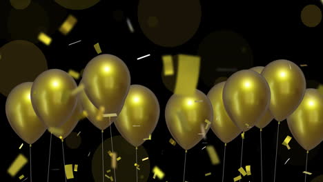 Animation-Von-Goldenen-Luftballons-Mit-Konfetti-Auf-Schwarzem-Hintergrund