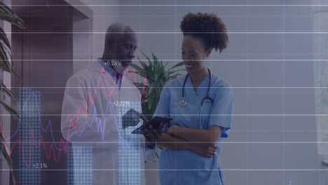 Animation-of-graphs-with-changing-numbers,-diverse-doctors-discussing-patient-reports-on-tablet