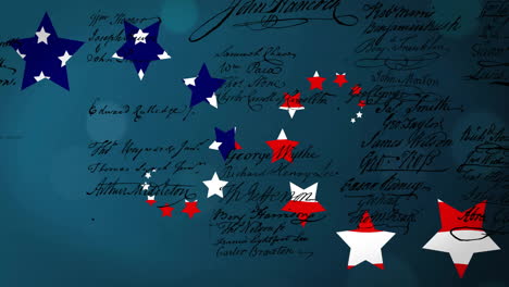Animation-of-stars-and-stripes-of-american-flag-over-declaration-of-independence-on-blue