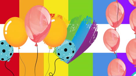 Animation-Von-Bunten-Luftballons-über-Regenbogenherz-Auf-Regenbogenhintergrund