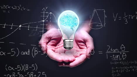 Animation-of-light-bulb-with-brain-over-woman's-hands-and-mathematical-data-processing