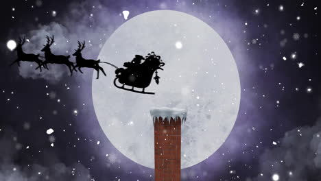 Animation-Von-Schneefall-über-Dem-Weihnachtsmann-Im-Schlitten-Und-Winterlandschaft