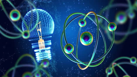 Animation-of-atomic-structures-over-light-bulb-and-networks-on-blue-background
