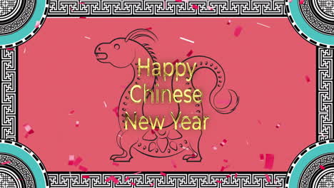 Animation-of-happy-chinese-new-year-text-over-dragons-and-chinese-pattern-on-red-background
