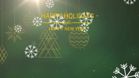 Animation-of-happy-holidays-text-over-snow-falling-and-christmas-decorations