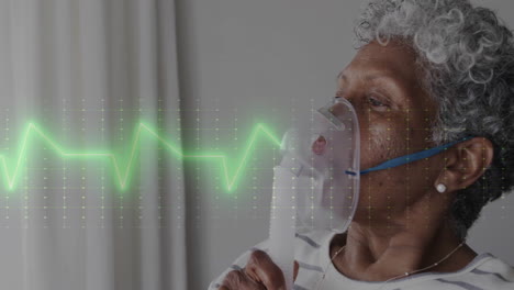Animation-of-data-processing-over-african-american-senior-female-patient-with-oxygen-mask