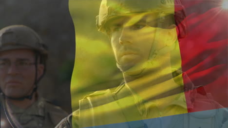 Animation-of-flag-of-belgium-over-caucasian-male-soldiers-standing-in-forest