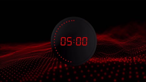Animation-of-red-digital-timer-changing-with-dots-and-red-light-trails-on-black-background