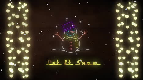 Animation-Des-Textes-„Let-It-Snow“-über-Einem-Schneemann-Und-Feenlichtern-Im-Winterlandschaftshintergrund