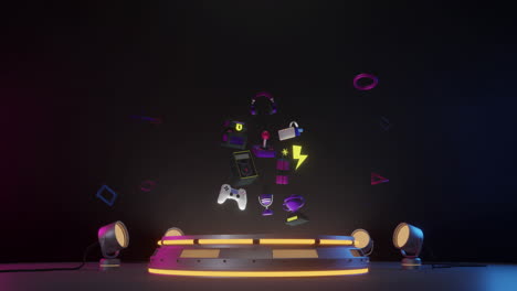 Animation-of-neon-gaming-features-with-stage-on-black-background
