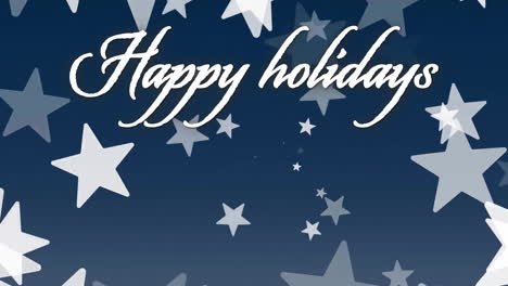 Animation-of-happy-holidays-text-over-christmas-stars-falling-on-blue-background