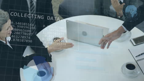 Animation-of-data-processing-over-diverse-business-people-in-office