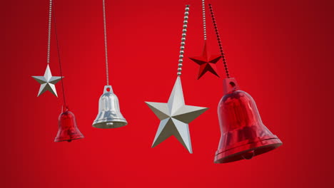 Animation-of-multiple-bells-and-stars-hanging-and-swinging-against-red-background