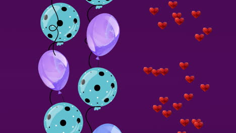 Animation-Von-Luftballons-Und-Herzen-Auf-Violettem-Hintergrund