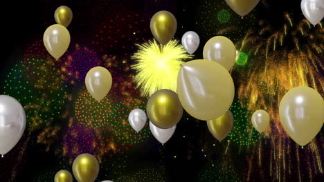 Animation-of-gold-and-silver-balloons-with-fireworks-on-black-background