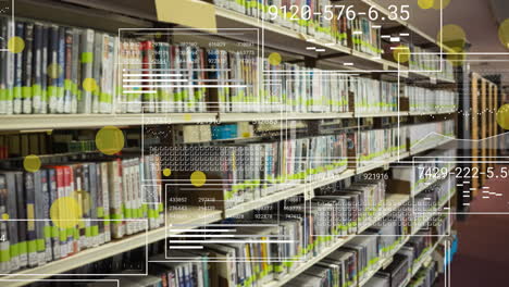 Animation-of-spots-and-data-processing-over-books-on-shelves-in-library