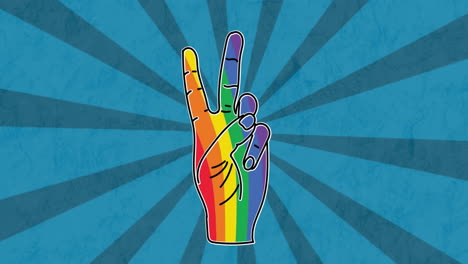 Animation-of-rainbow-peace-gesture-over-blue-background