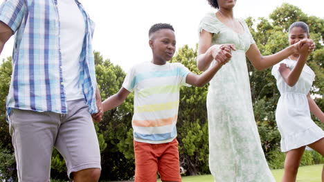 Happy-african-american-parents,-daughter-and-son-holding-hands-walking-in-garden,-slow-motion