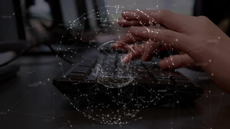 Animation-of-global-network-over-hands-of-caucasian-woman-using-computer-keyboard-at-office