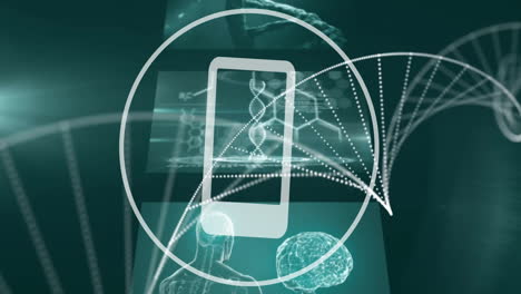 Animation-Des-Scanner--Und-Smartphone-Symbols-über-DNA--Und-Medizinischen-Schnittstellenbildschirmen