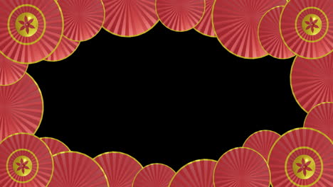 Animation-of-chinese-red-and-gold-pattern-with-copy-space-on-black-background