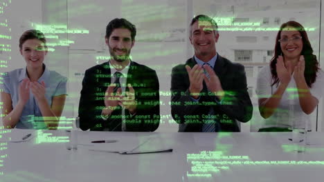 Animation-of-data-processing-over-happy-caucasian-business-colleagues-clapping-hands