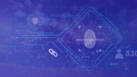 Animation-of-data-processing-and-biometric-fingerprint-on-blue-background