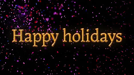 Animation-of-happy-holidays-text-over-falling-confetti-balls-on-surface-against-black-background