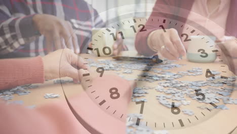 Animation-of-clock-over-diverse-senior-people-doing-puzzles