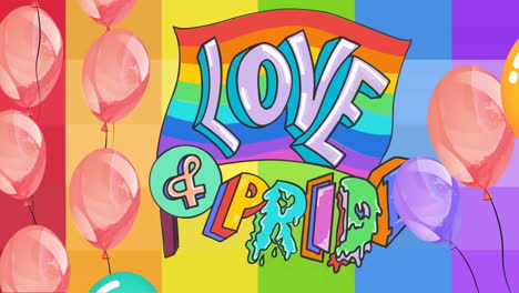 Animation-of-love-and-pride-text-on-rainbow-flag-over-colourful-balloons-on-rainbow-background