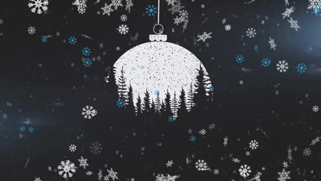 Animation-of-falling-snowflakes-over-christmas-tree-ornament-on-black-background