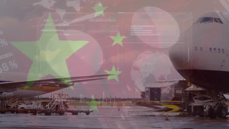 Animation-of-data-processing-and-flag-of-china-over-planes-at-airport