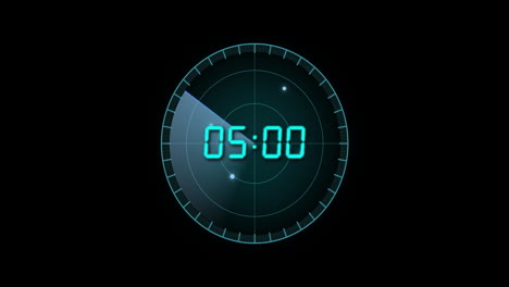 Animation-of-blue-digital-clock-timer-changing-on-circle-over-black-background