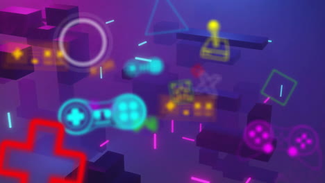 Animation-of-pink-and-blue-neon-dashes-over-video-game-controllers,-icons-and-blocks-on-purple