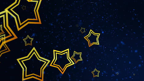 Animation-of-gold-outline-stars-falling-over-blue-light-spots-on-black-background
