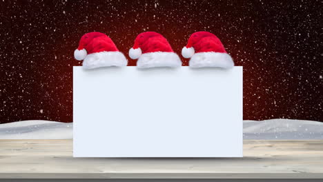 Animation-of-snow-falling-over-white-card-with-copy-space-and-santa-claus-hats-in-winter-scenery
