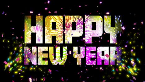 Animation-of-happy-new-year-text-and-confetti-over-cityscape-on-black-background